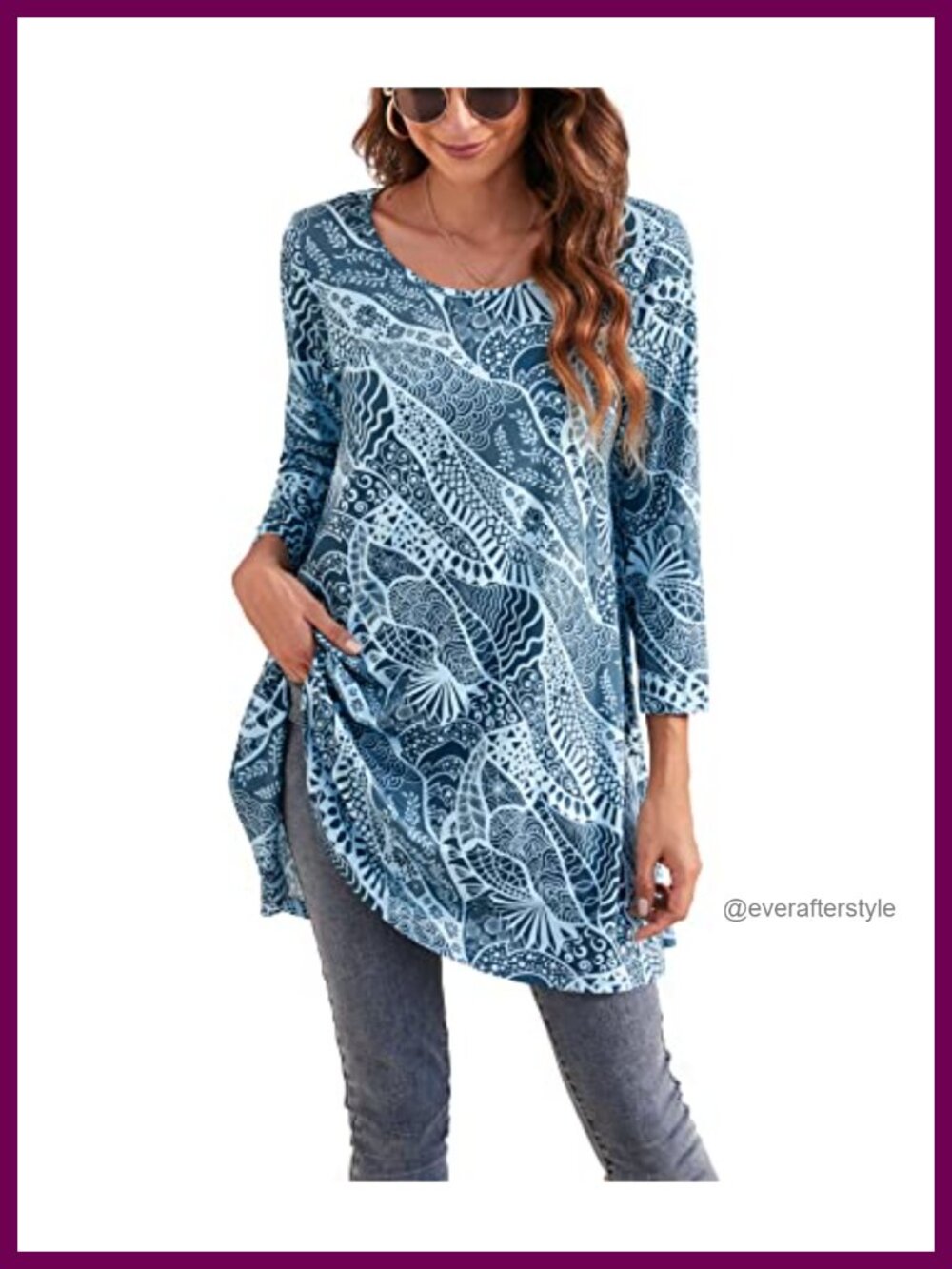 Womens 3/4 Sleeve Tunic Top Loose A-Line Blouse with Leggings Casual